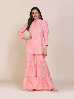 Abhishti cotton silk short kurti with hidden placket, side lace panels & pintucks
