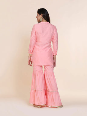 Abhishti cotton silk short kurti with hidden placket, side lace panels & pintucks