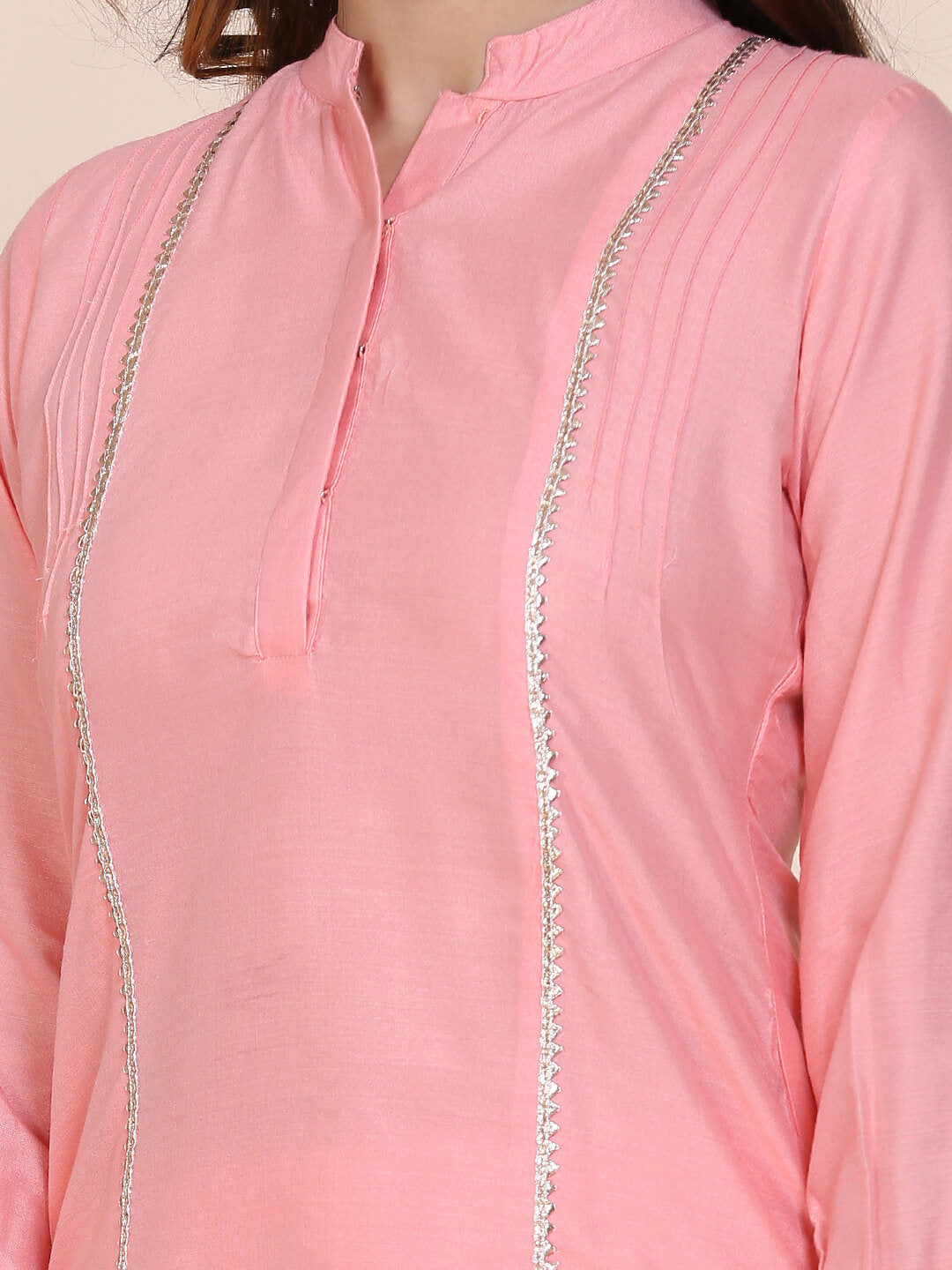 Abhishti cotton silk short kurti with hidden placket, side lace panels & pintucks