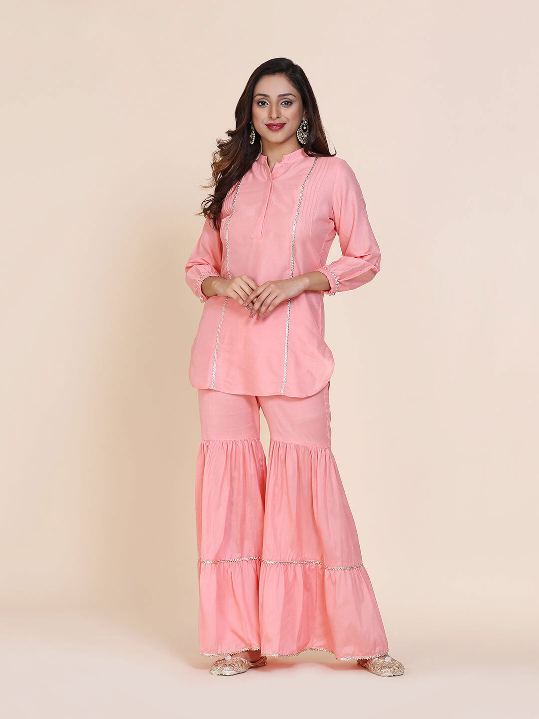 Abhishti cotton silk short kurti with hidden placket, side lace panels & pintucks