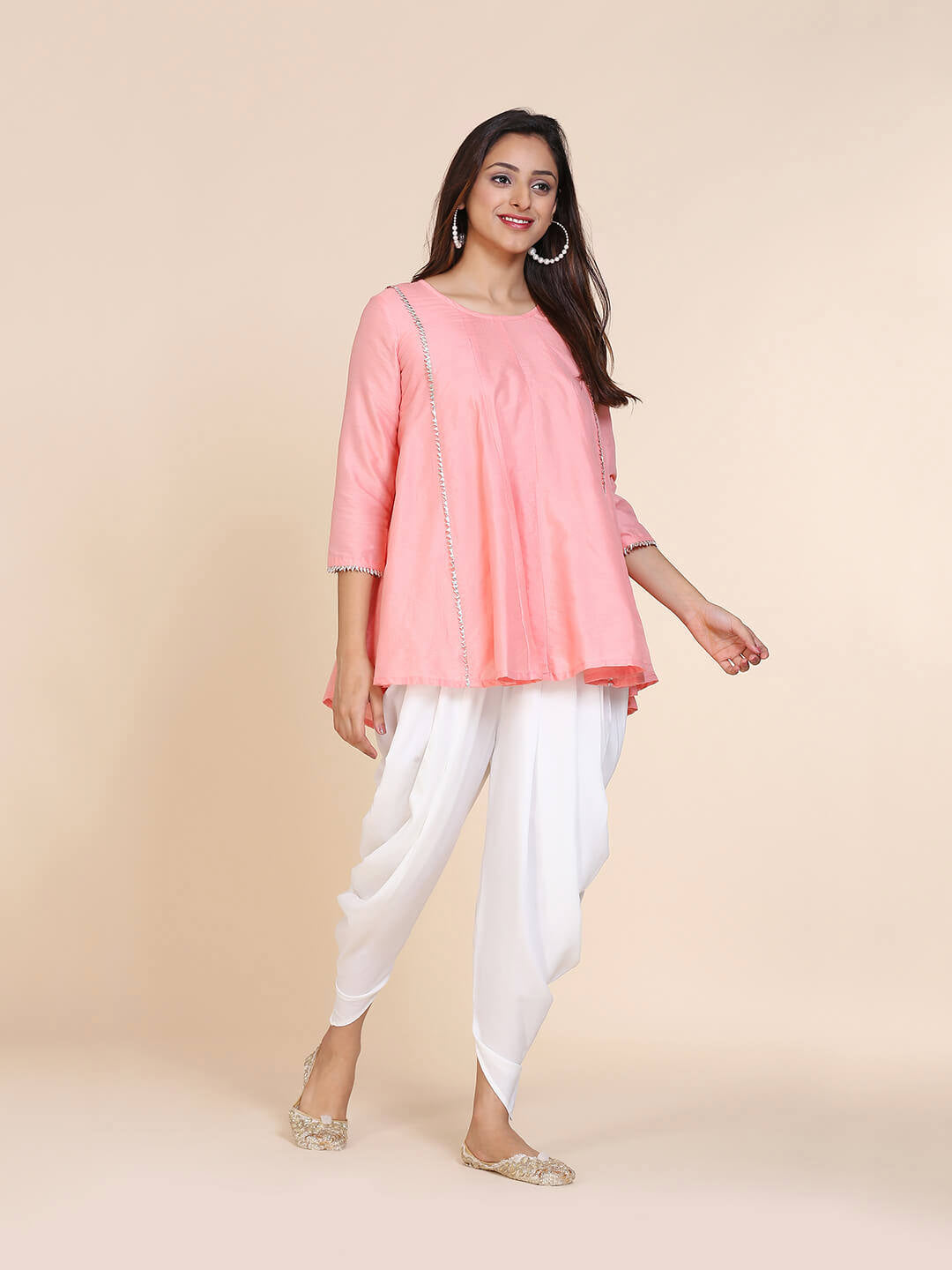 Abhishti cotton silk short panelled kurti with side lace panels