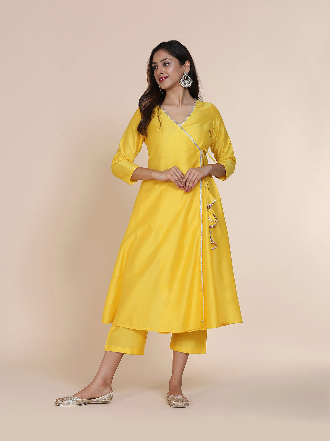 Yellow Banarasi Angrakha Kurta with Laced Tassels