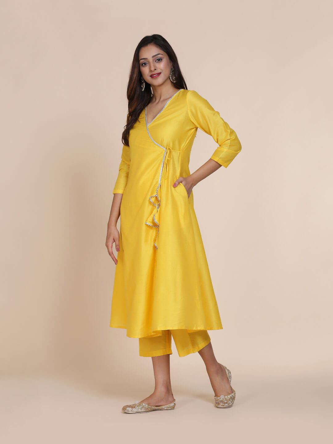 Yellow Banarasi Angrakha Kurta with Laced Tassels