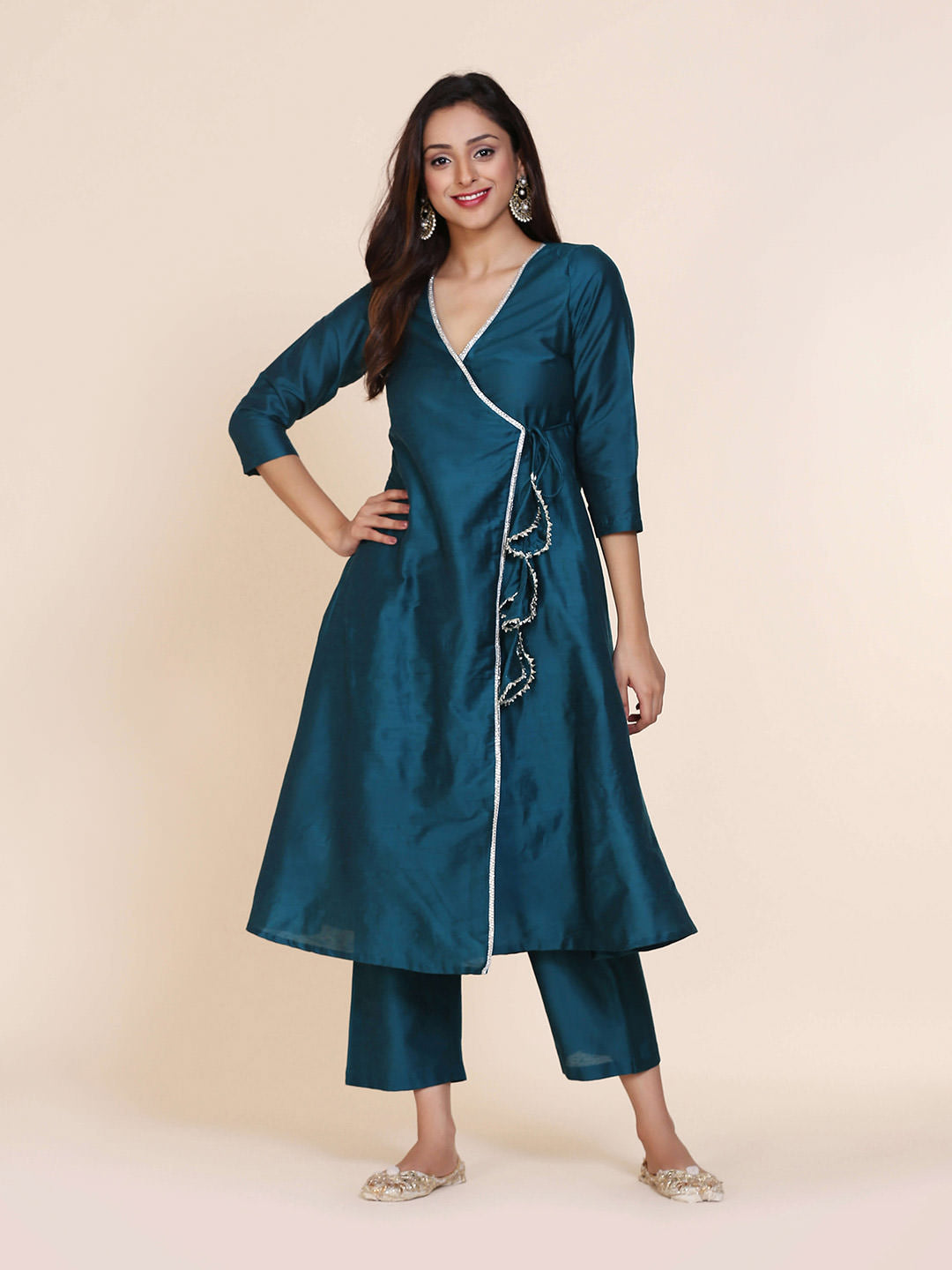 Peacock Green Banarasi Kurta with Laced Tassels