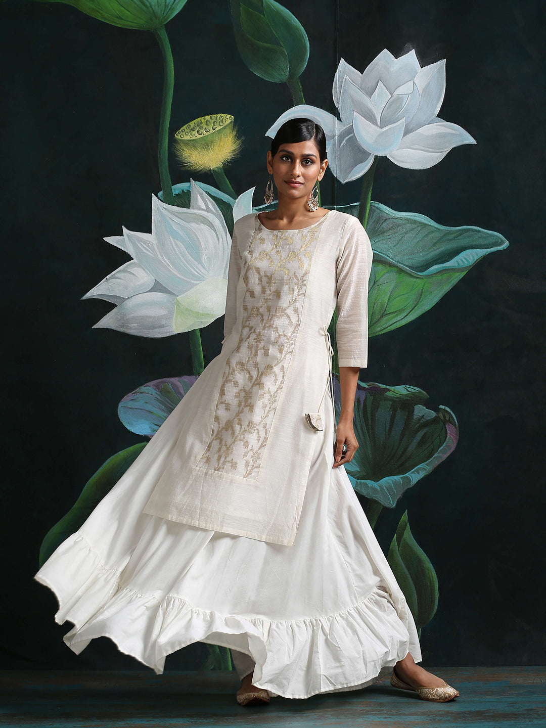 Abhsihti cotton baswada kurta with center zari work panel & side tassel tie-up