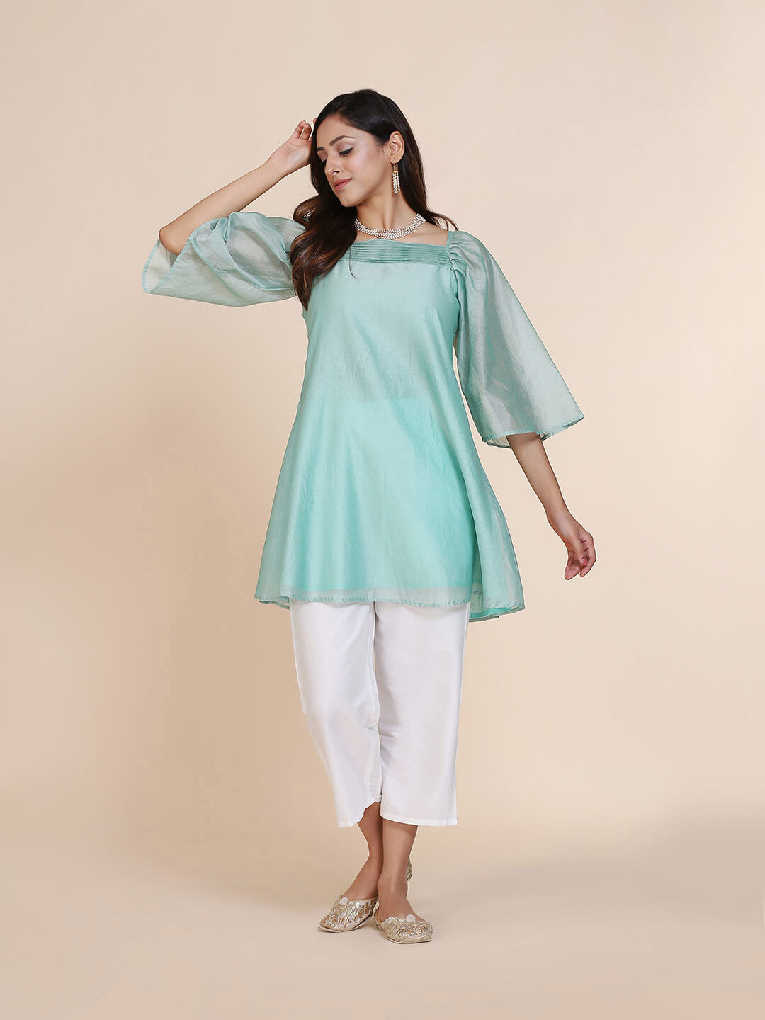 Abhishti chanderi short kurti with pleated upper yoke & billowy sleeves