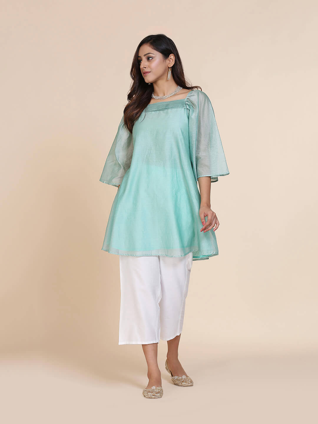 Abhishti chanderi short kurti with pleated upper yoke & billowy sleeves