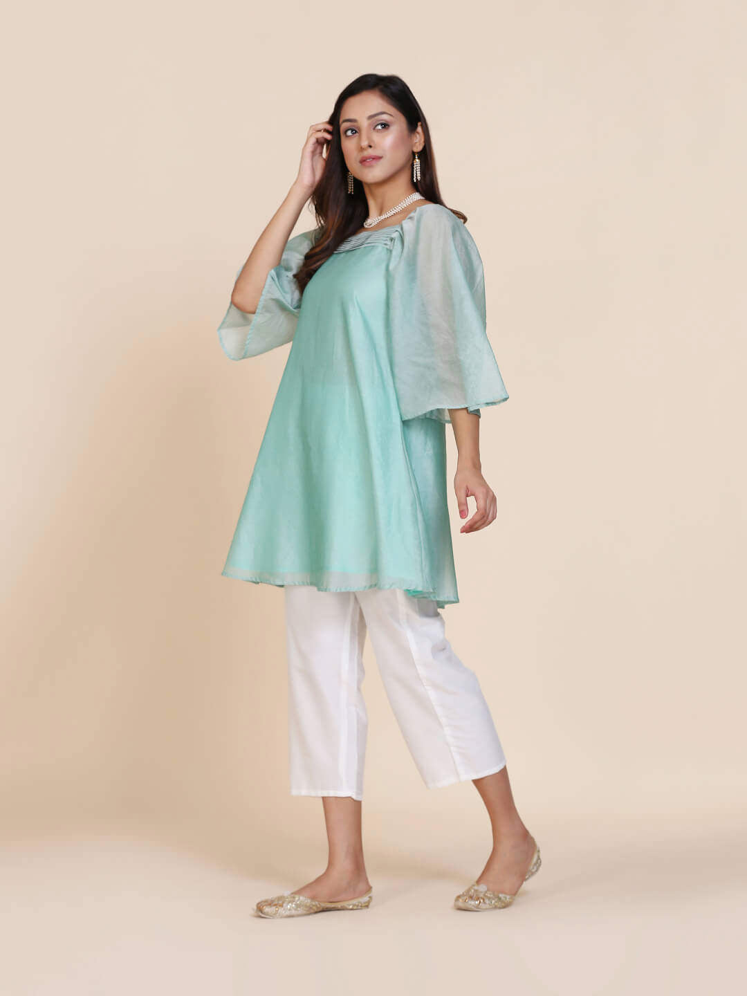 Abhishti chanderi short kurti with pleated upper yoke & billowy sleeves