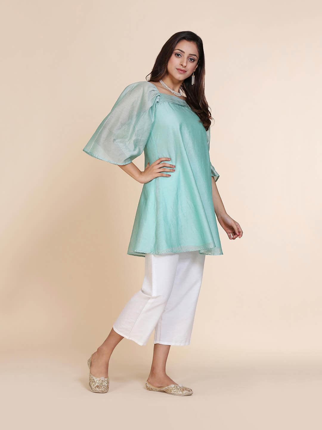 Abhishti chanderi short kurti with pleated upper yoke & billowy sleeves