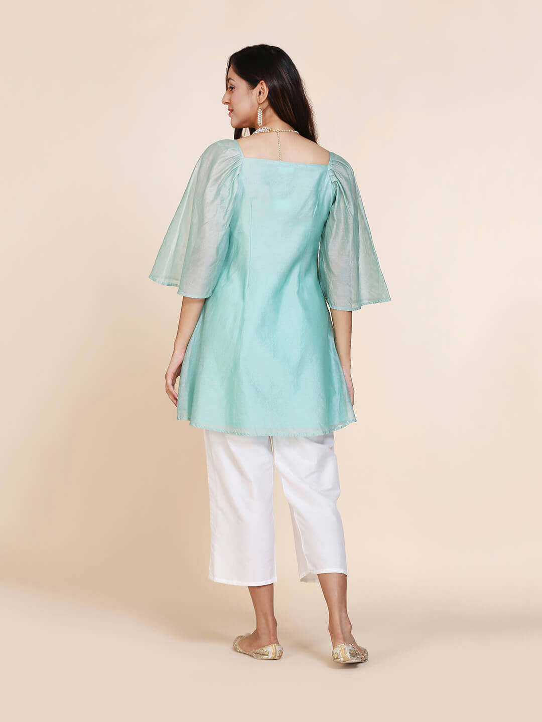 Abhishti chanderi short kurti with pleated upper yoke & billowy sleeves