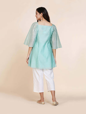 Abhishti chanderi short kurti with pleated upper yoke & billowy sleeves