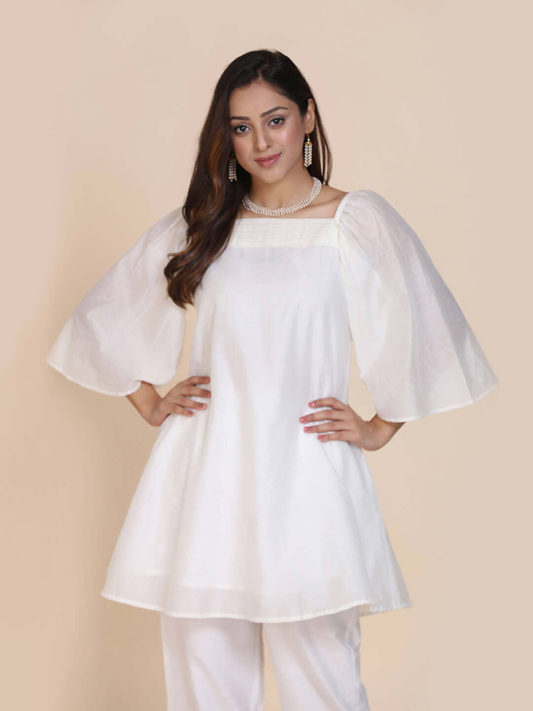 Abhishti chanderi short kurti with pleated upper yoke & billowy sleeves