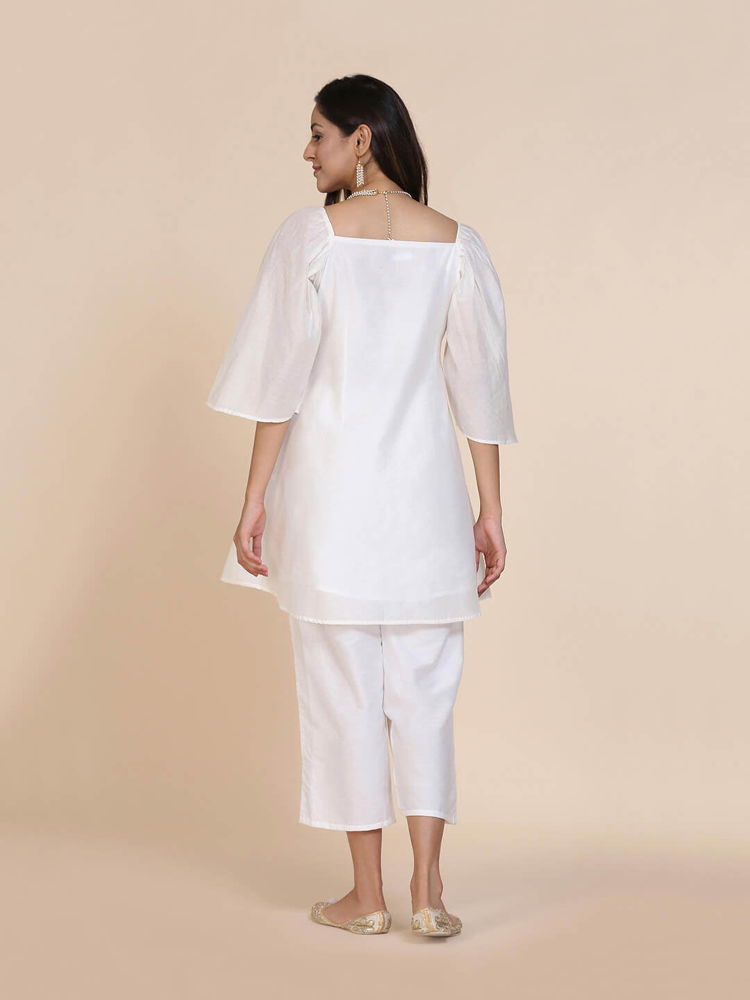 Abhishti chanderi short kurti with pleated upper yoke & billowy sleeves