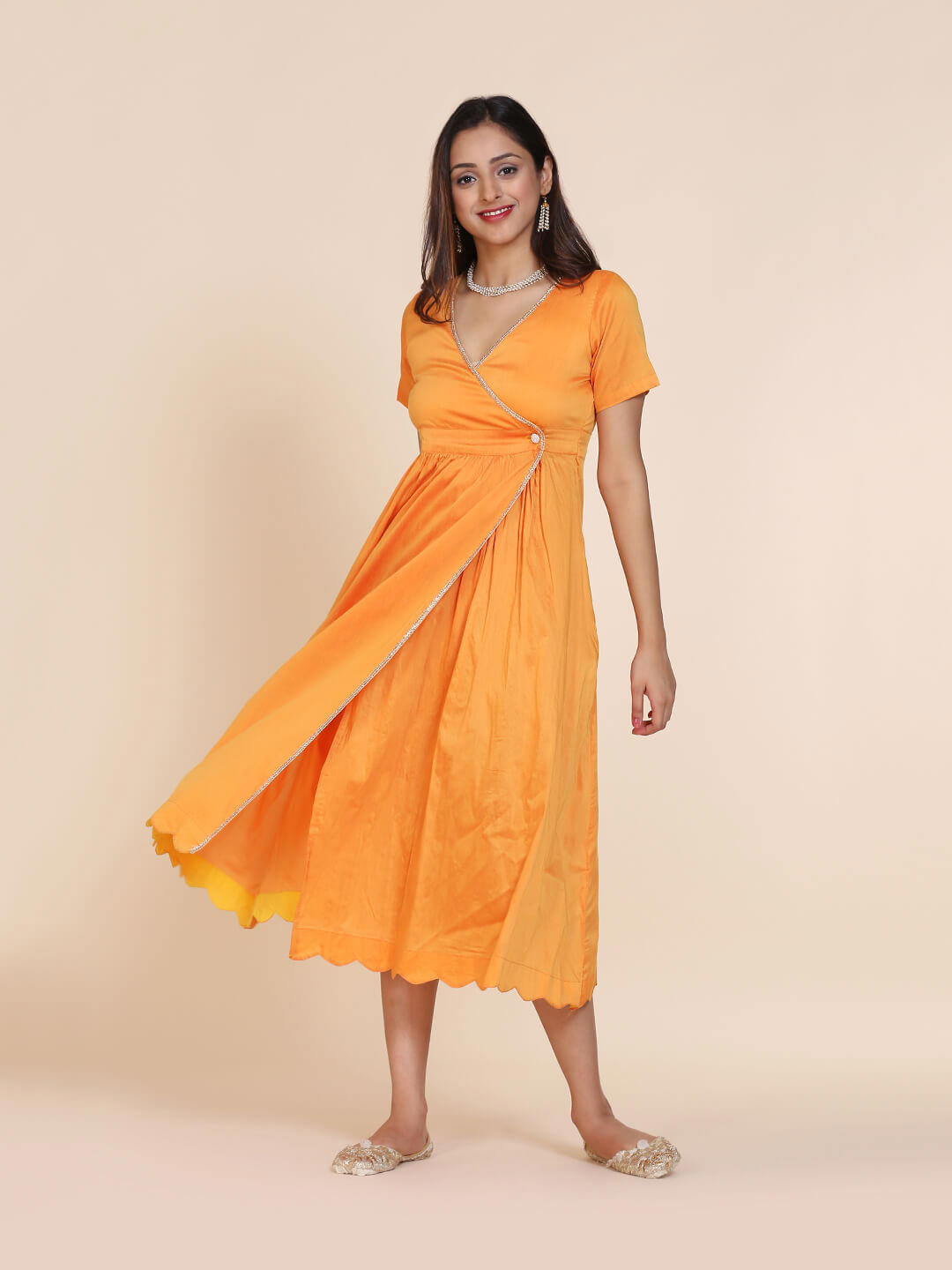 Orange silk wrap dress discount