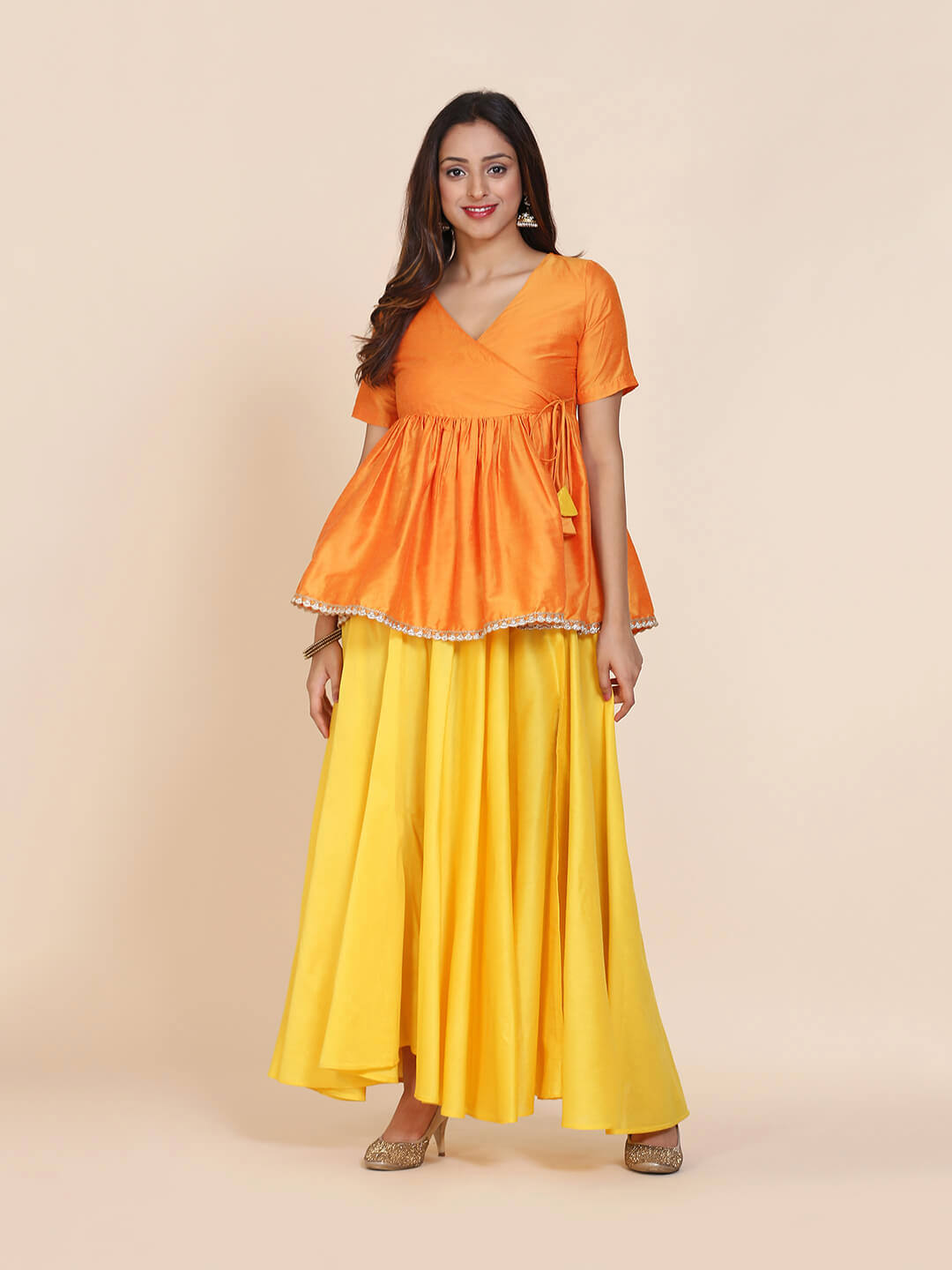 Abhishti cotton silk angrakha style top with contrast tassels