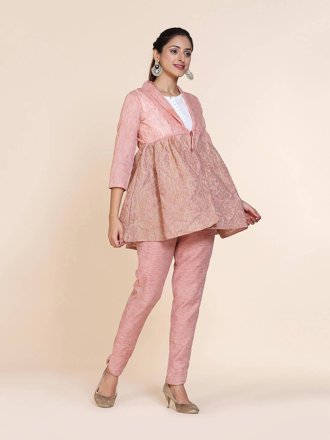 Abhishti Cotton Baswada Peplum Jacket with Zari Panel Peach