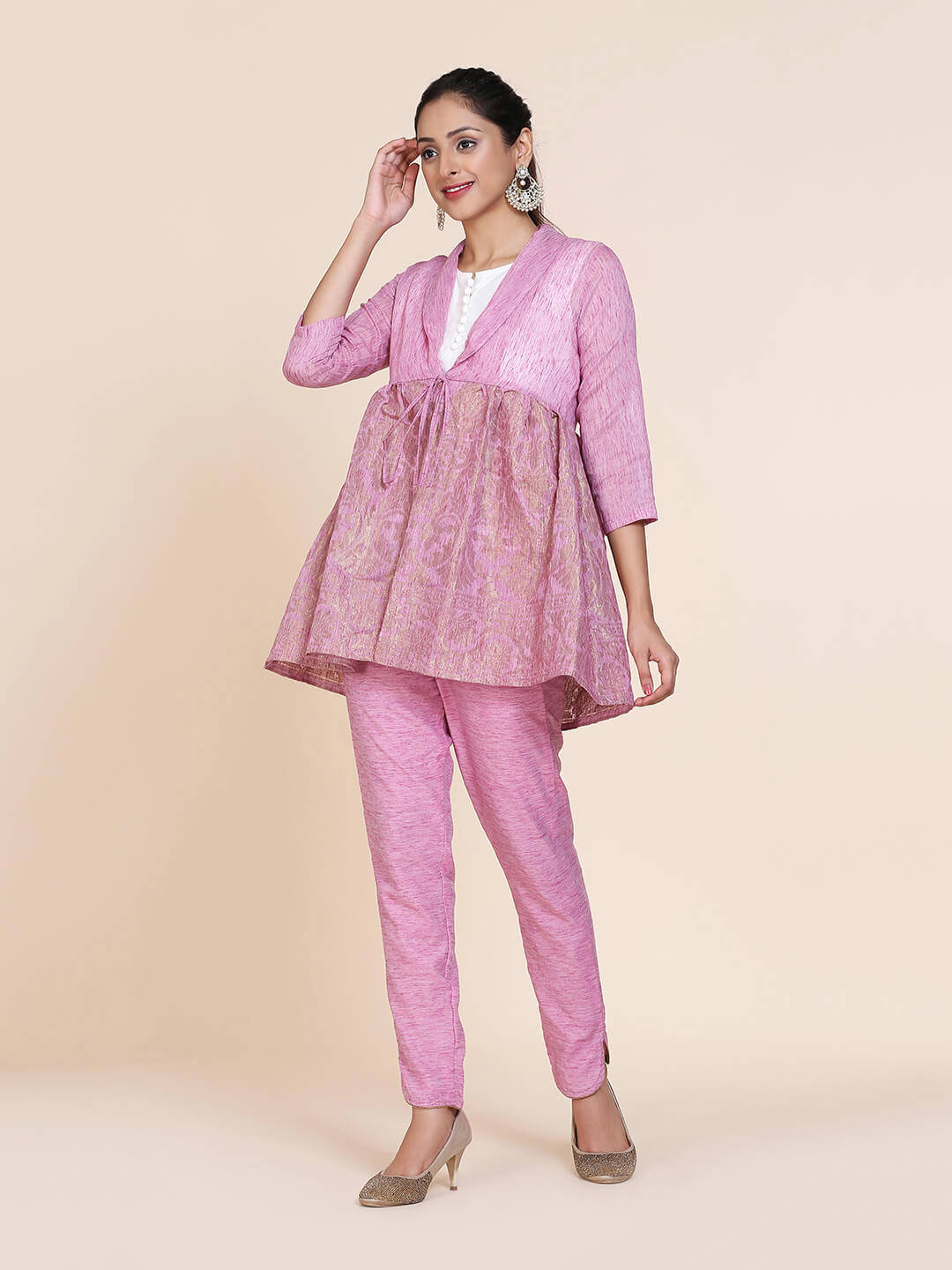 Abhishti Cotton Baswada Peplum Jacket with Zari Panel Wine