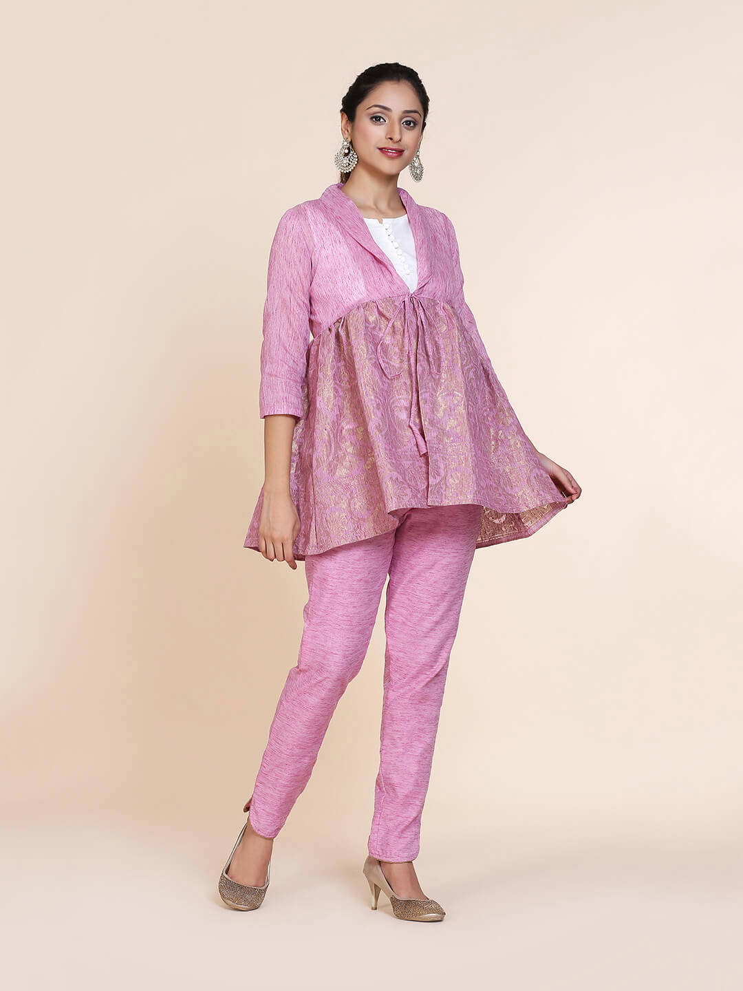 Abhishti Cotton Baswada Peplum Jacket with Zari Panel Wine