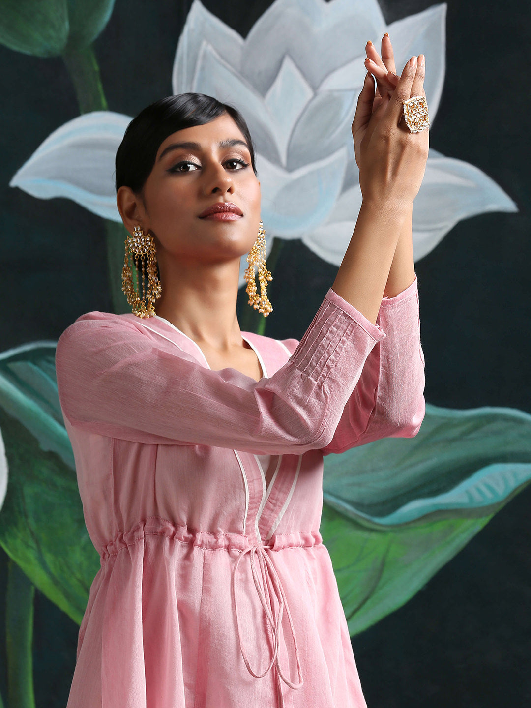 Pink Banarasi Chanderi Panelled Shrug with Kurta