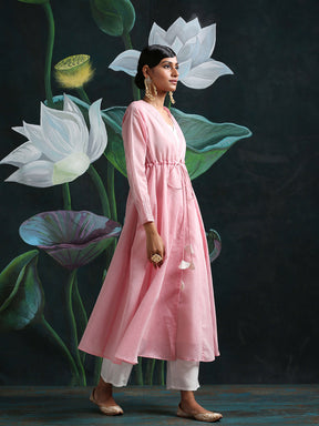 Pink Banarasi Chanderi Panelled Shrug with Kurta