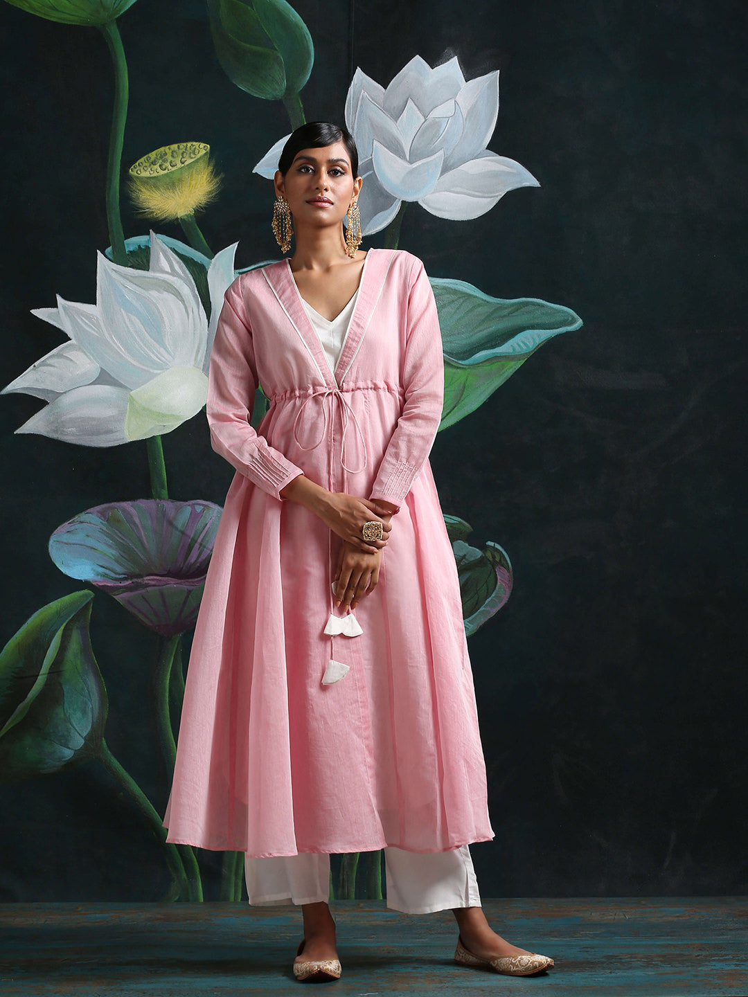 Pink Banarasi Chanderi Panelled Shrug with Kurta