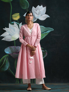 Pink Banarasi Chanderi Panelled Shrug with Kurta