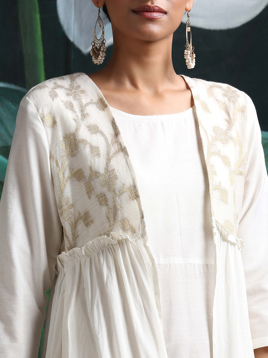 Cotton silk flared dress with Cotton silk tiered shrug having zari baswada yoke