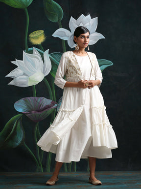 Cotton silk flared dress with Cotton silk tiered shrug having zari baswada yoke
