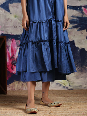 Cotton silk flared dress with Cotton silk tiered shrug having zari baswada yoke