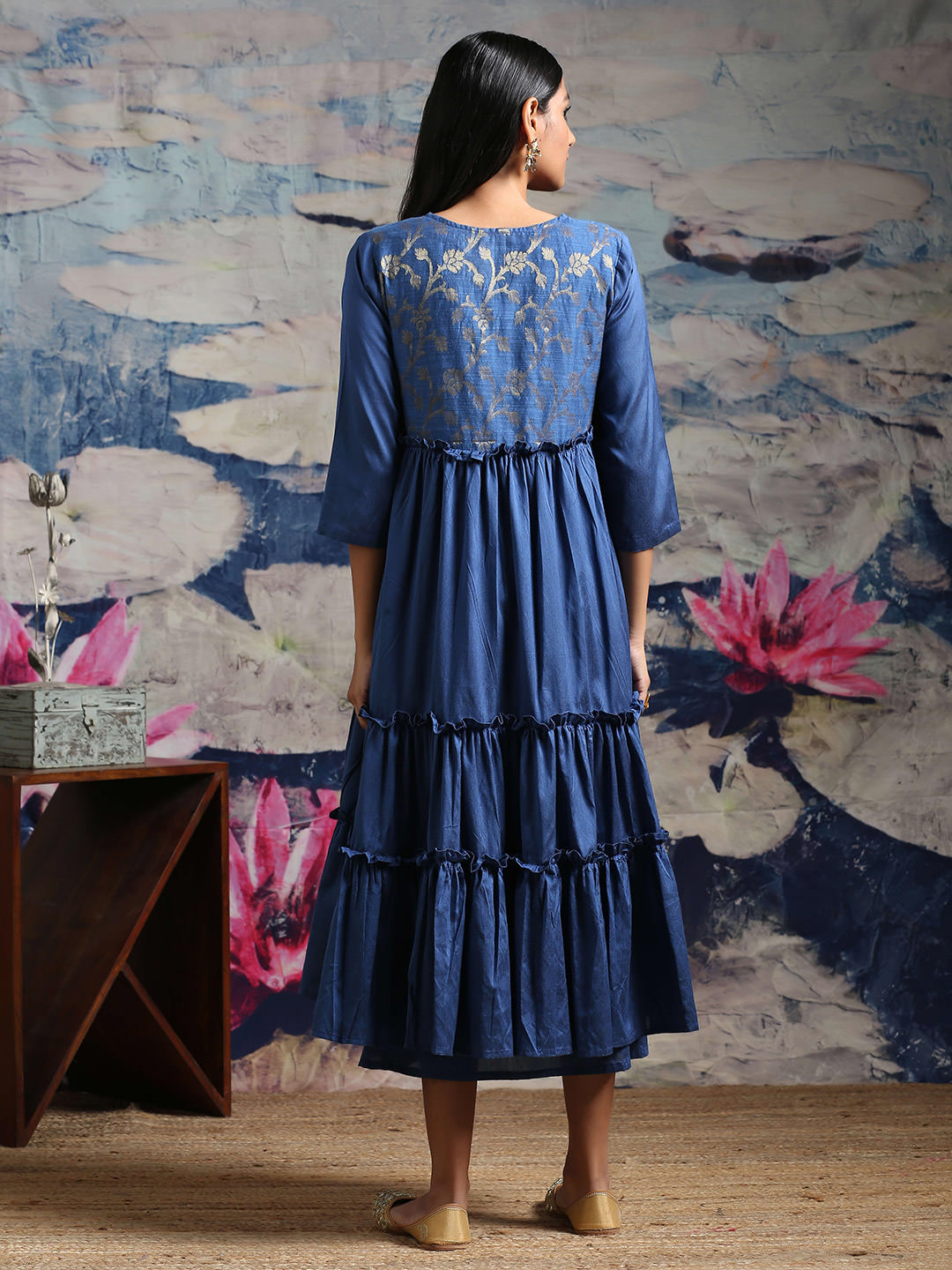 Cotton silk flared dress with Cotton silk tiered shrug having zari baswada yoke