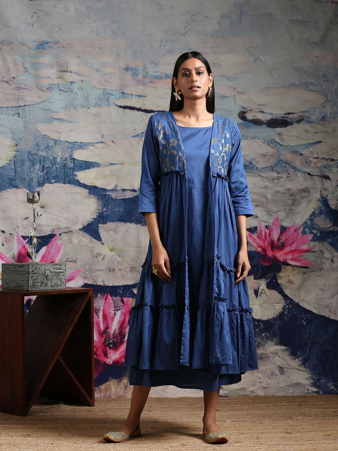 Cotton silk flared dress with Cotton silk tiered shrug having zari baswada yoke