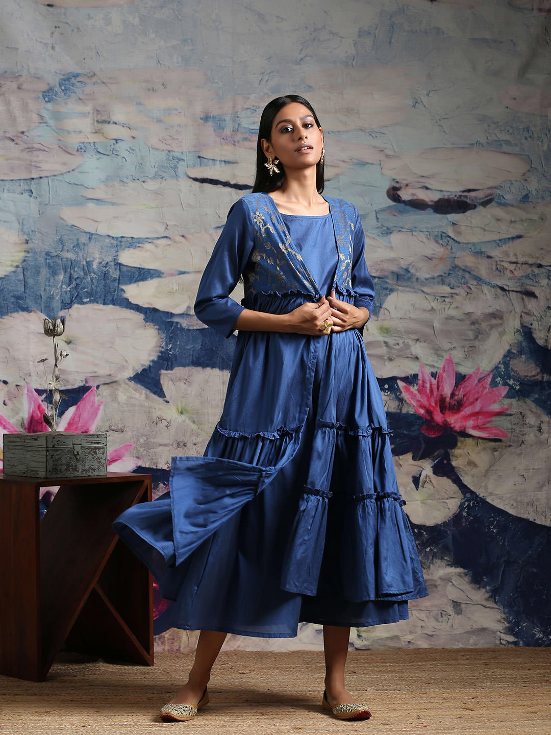 Cotton silk flared dress with Cotton silk tiered shrug having zari baswada yoke
