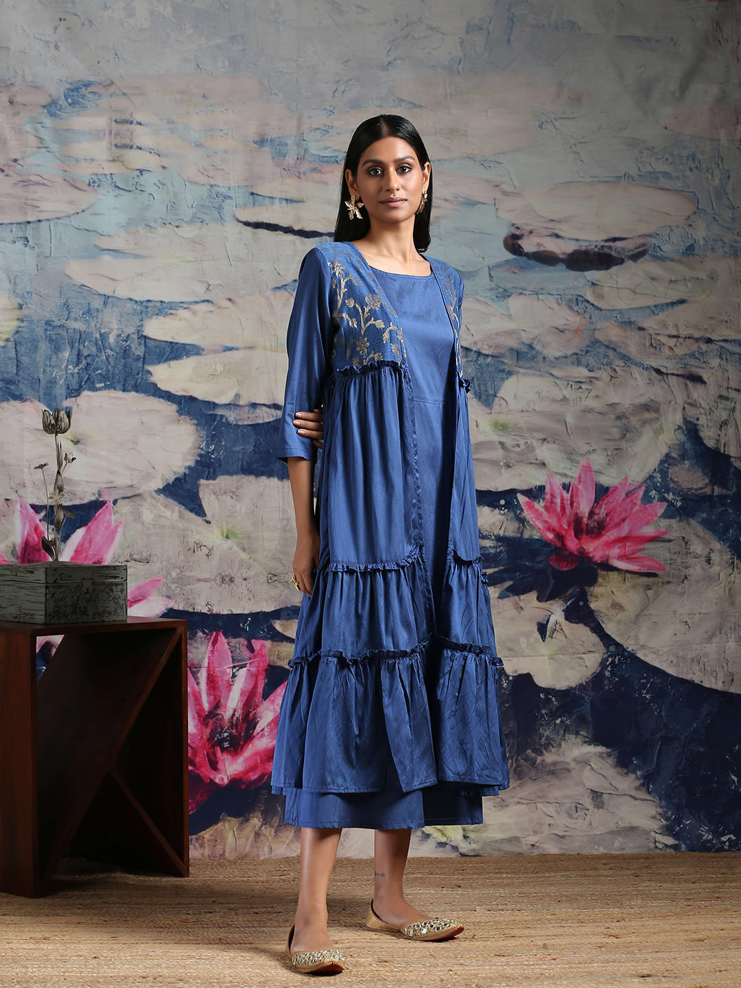 Cotton silk flared dress with Cotton silk tiered shrug having zari baswada yoke