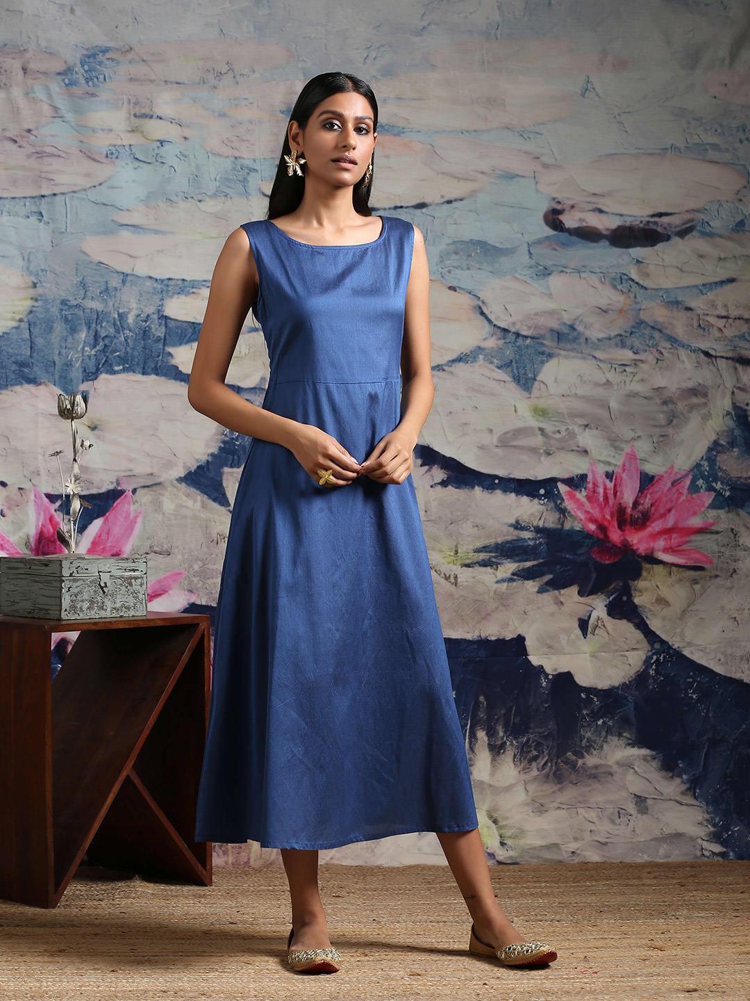 Cotton silk flared dress with pockets