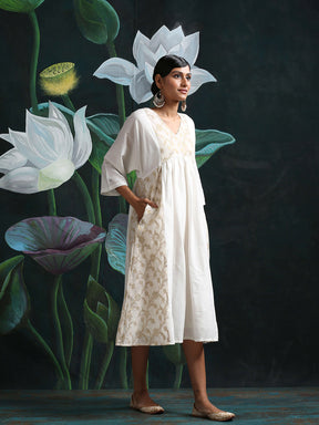 Cotton silk midi dress with zari baswada yoke and side panels