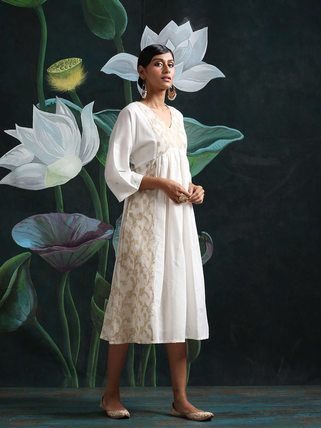 Cotton silk midi dress with zari baswada yoke and side panels