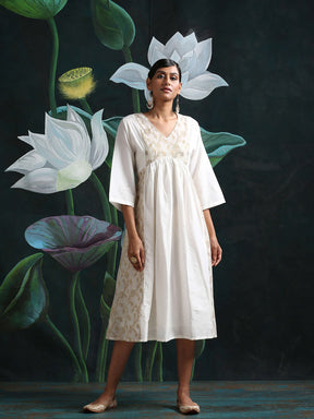 Cotton silk midi dress with zari baswada yoke and side panels