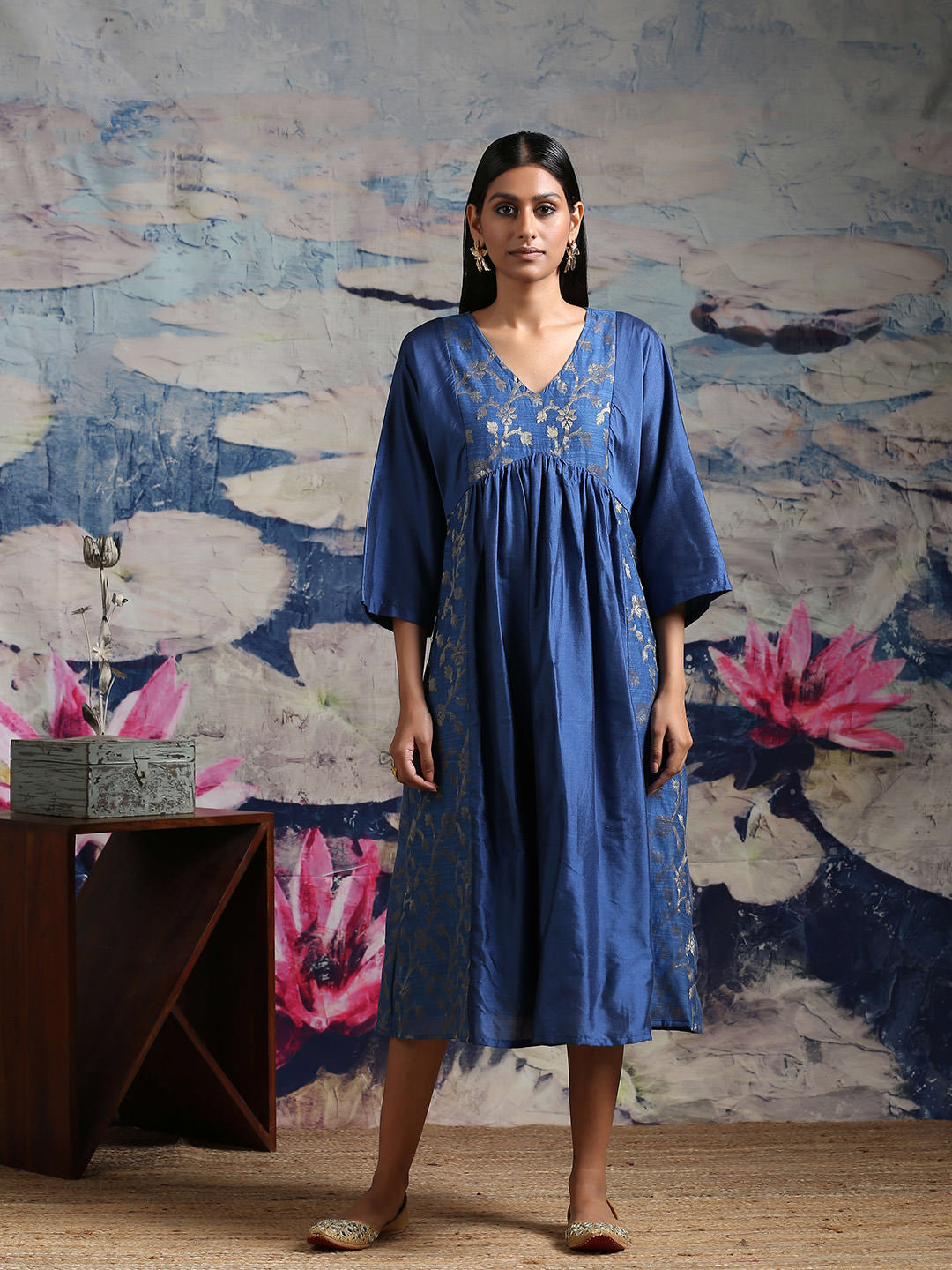 Cotton silk midi dress with zari baswada yoke and side panels