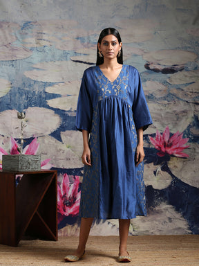 Cotton silk midi dress with zari baswada yoke and side panels
