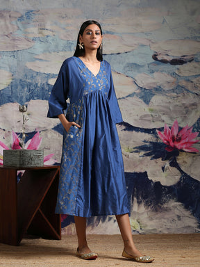 Cotton silk midi dress with zari baswada yoke and side panels