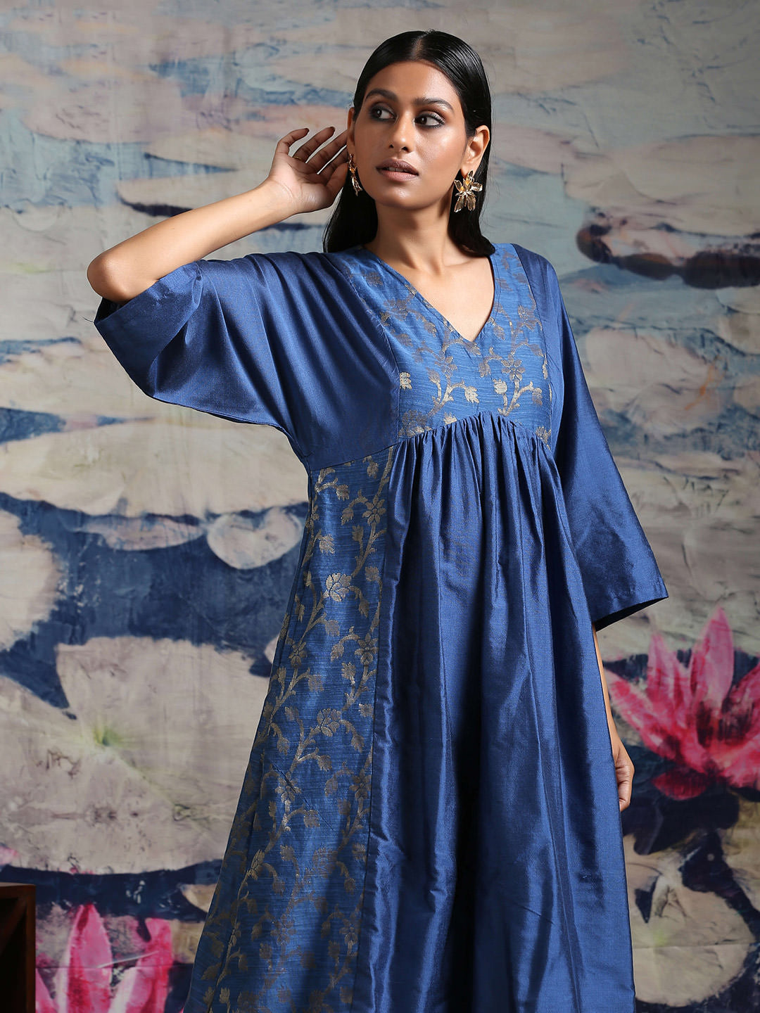 Cotton silk midi dress with zari baswada yoke and side panels