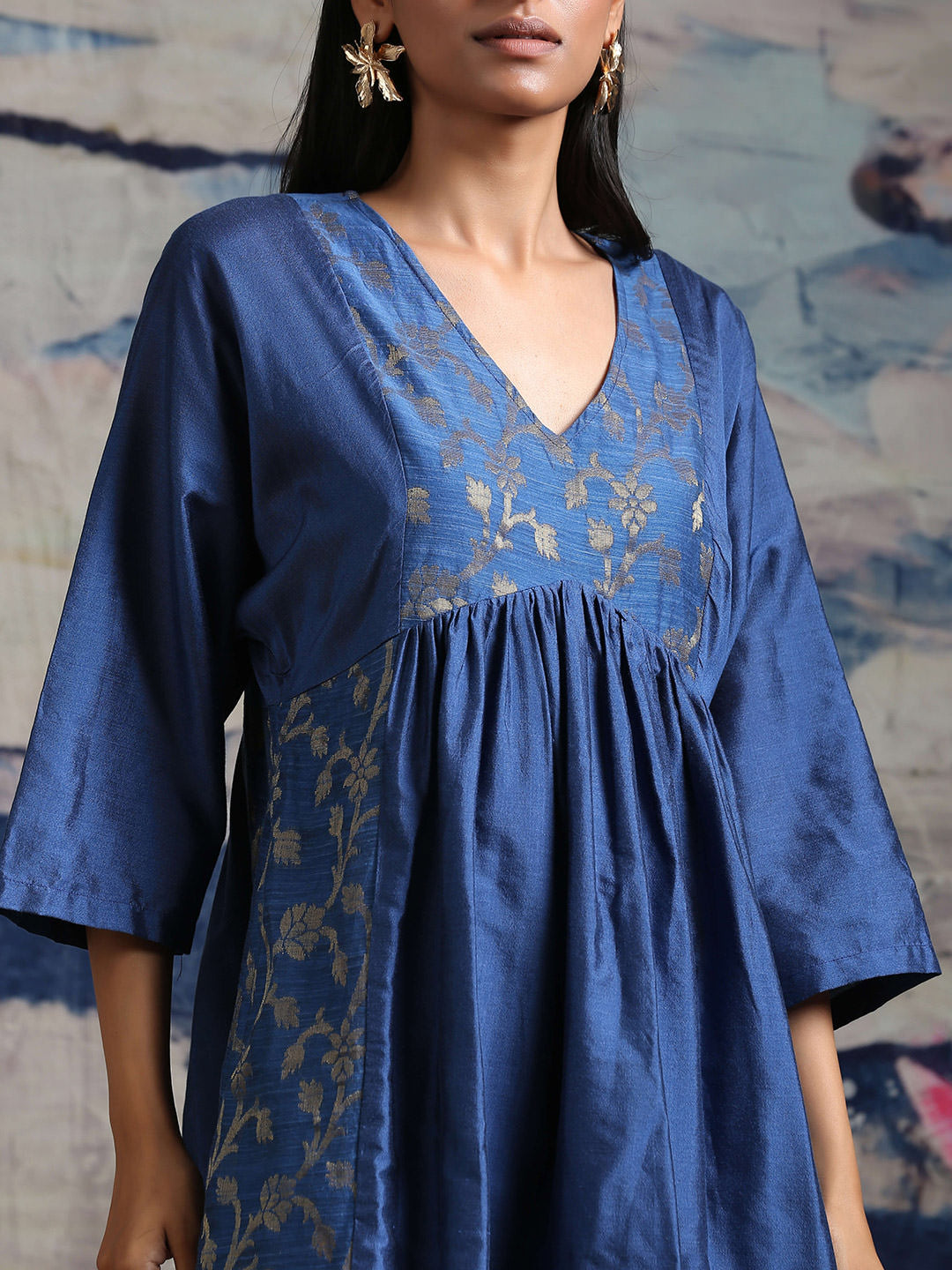 Cotton silk midi dress with zari baswada yoke and side panels