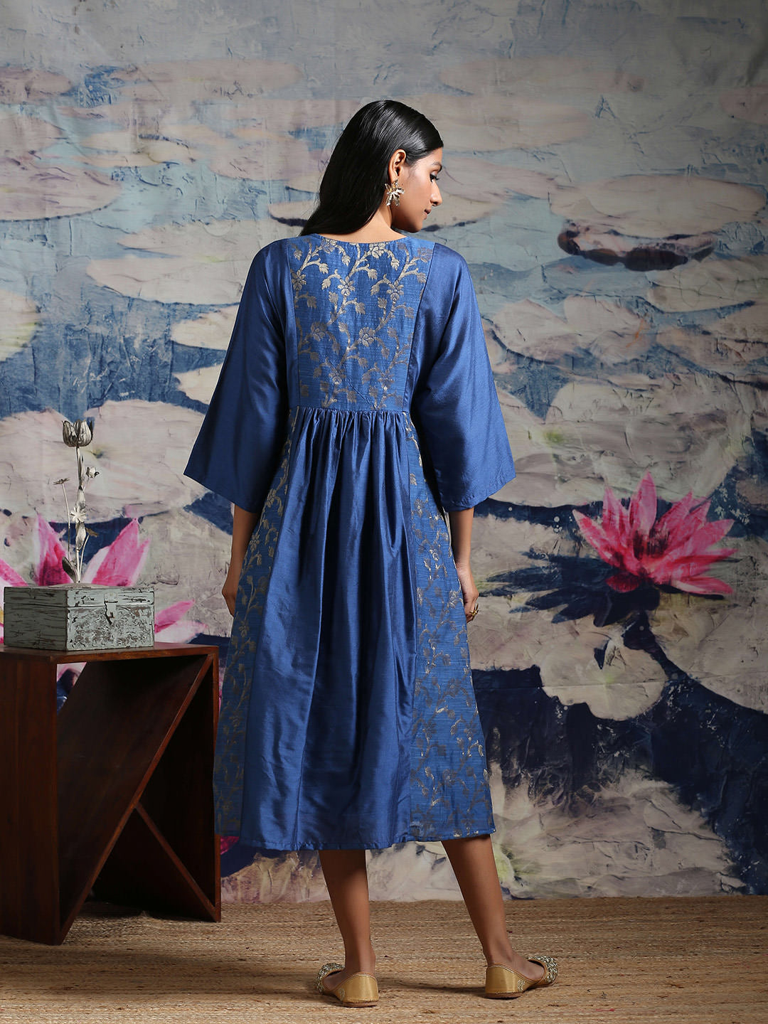Cotton silk midi dress with zari baswada yoke and side panels