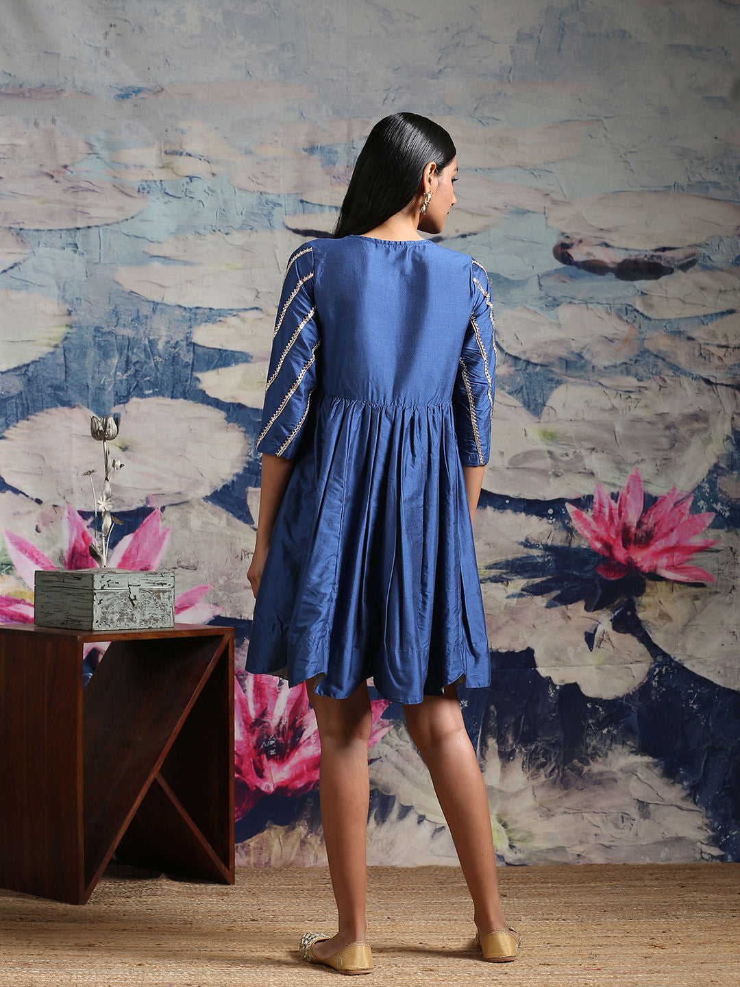 Blue Banarasi Dress With Laced Sleeves & Scalloped Hem