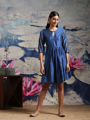 Blue Banarasi Dress With Laced Sleeves & Scalloped Hem