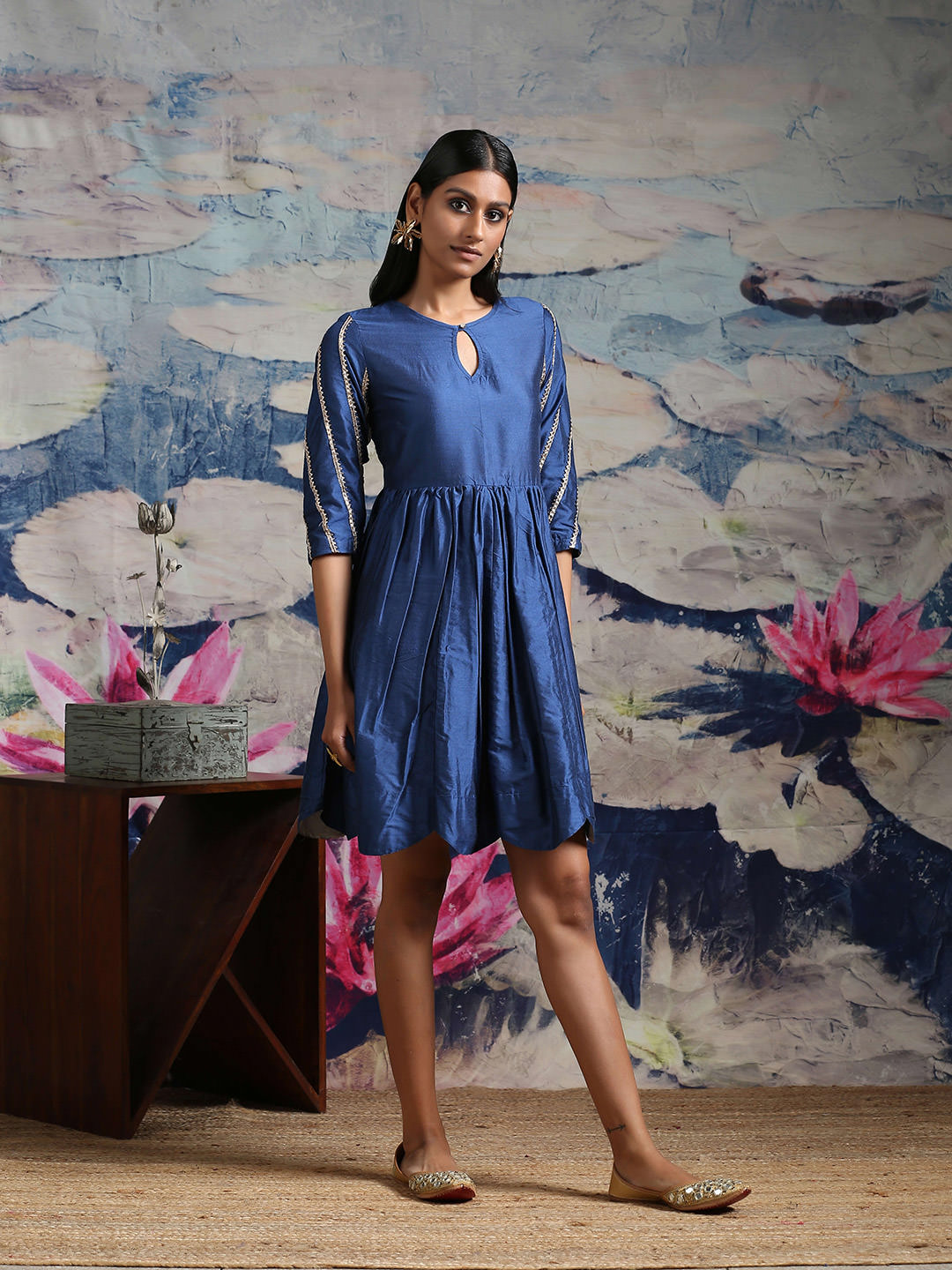 Blue Banarasi Dress With Laced Sleeves & Scalloped Hem