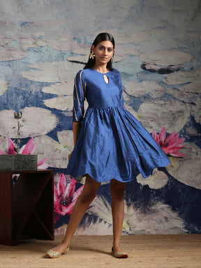 Blue Banarasi Dress With Laced Sleeves & Scalloped Hem