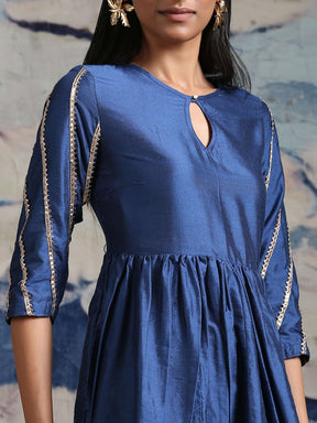 Blue Banarasi Dress With Laced Sleeves & Scalloped Hem