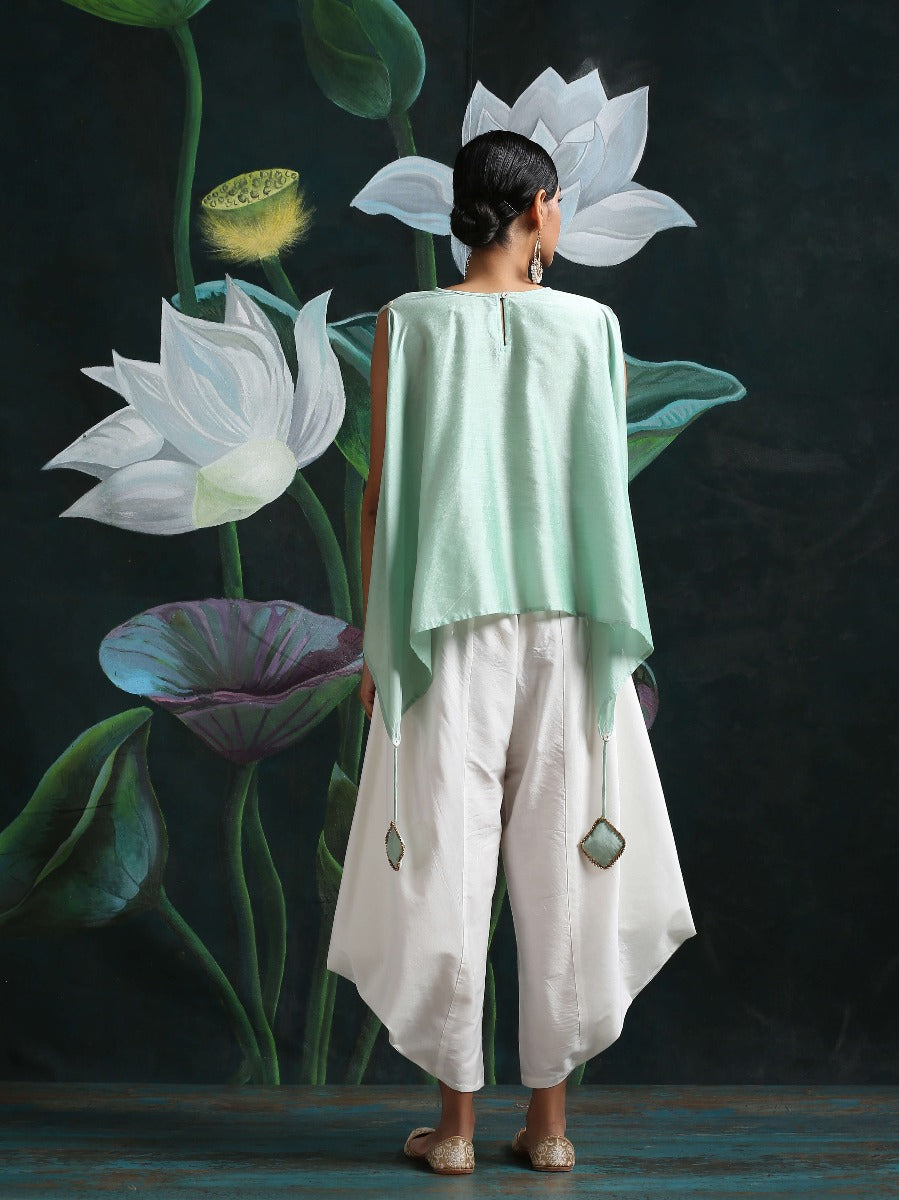 Cotton silk handkerchief hemline top detailed with attached tassels Green