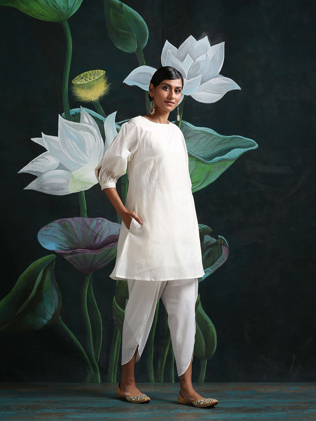 White Banarasi Flared Kurti With Gathered Sleeves